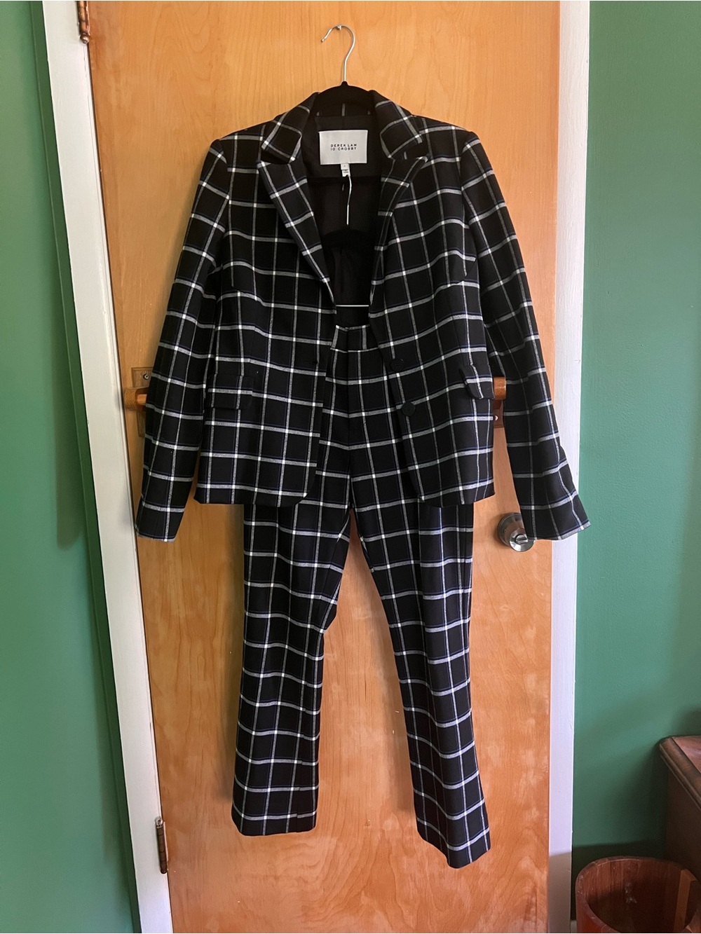 10 Crosby Derek Lam Black & White Windowpane Plaid Pantsuit